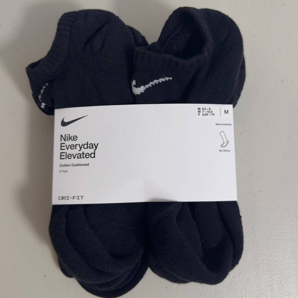 Nike Everyday Elevated Socks Medium 6 Pack No Show Black Dri-FIT Cushioned New